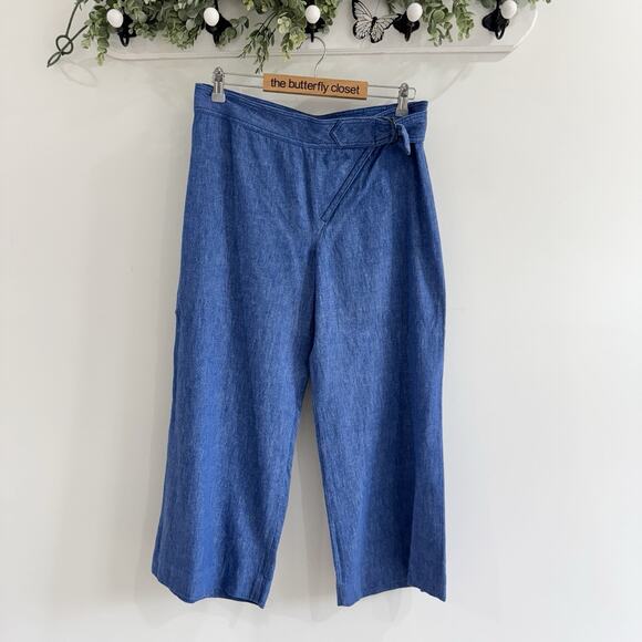 Anthropologie Wide Leg Linen Blend Chambray Gaucho Crop Pants Belted 12 UU7082 - Picture 1 of 4